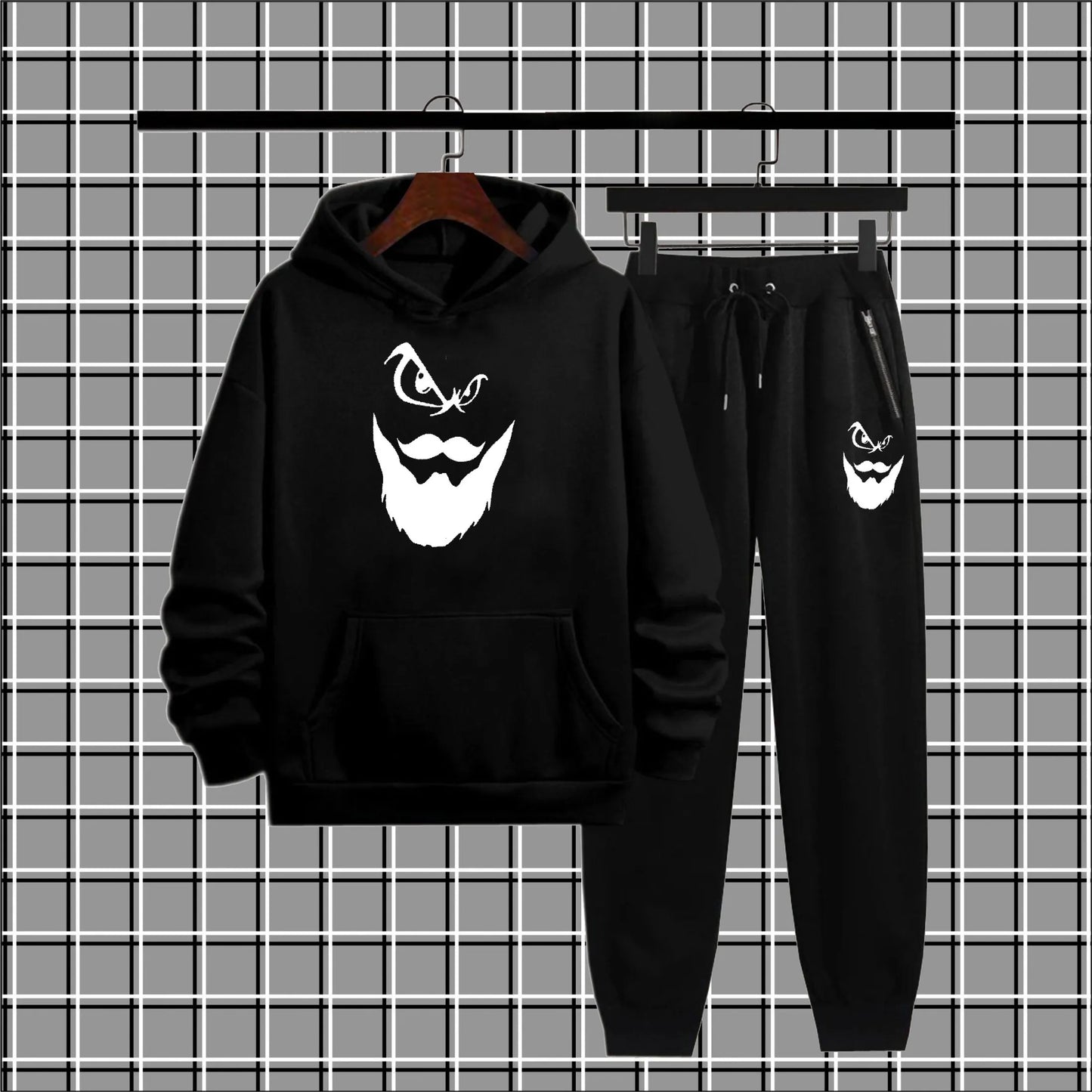 Trendy Winter Fleece Tracksuit – Beard Print Hoodie & Trouser Set (Unisex, Export Quality)