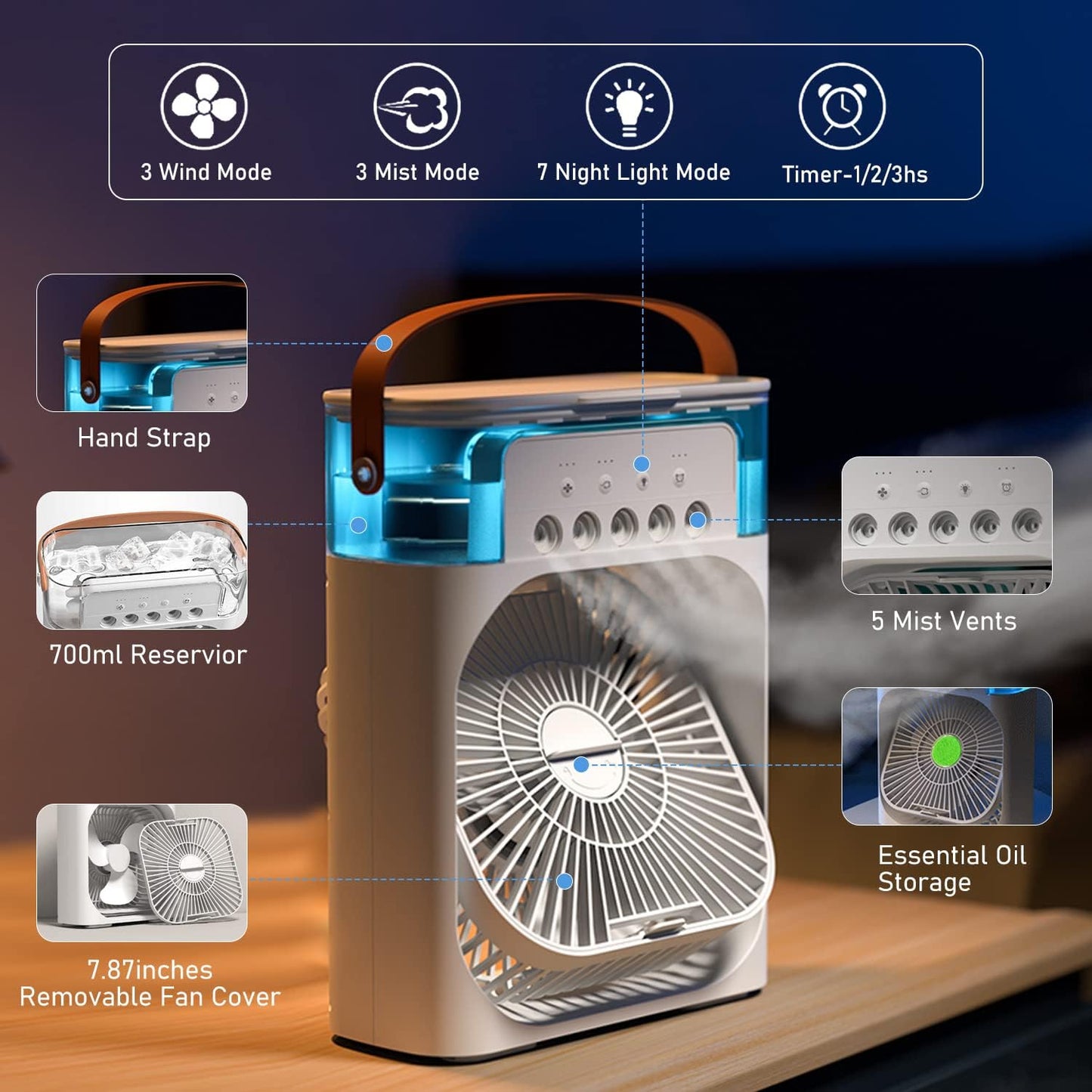 5-in-1 Portable Air Cooler | 900ML Mini AC Fan with Ice Tray, LED Light & Mist
