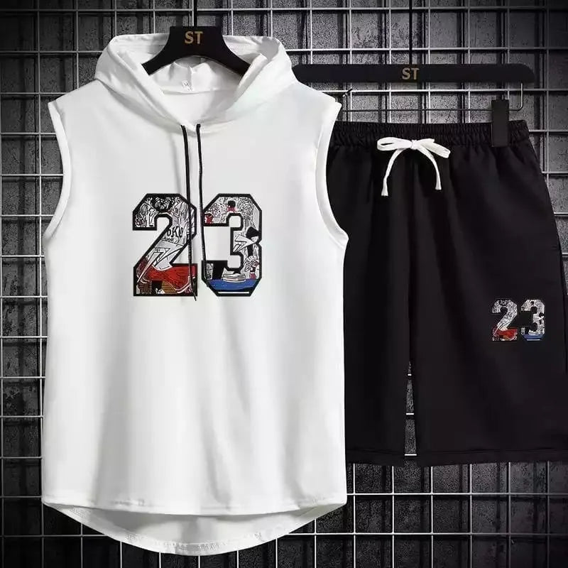 Men’s 23 Sports Tracksuit – White Tee & Black Shorts (Sleeveless)