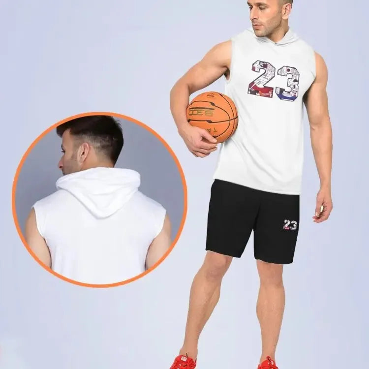 Men’s 23 Sports Tracksuit – White Tee & Black Shorts (Sleeveless)