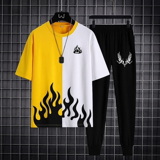 "Blaze in Style – Black & White Fire Print Tracksuit for Men & Boys"