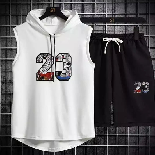 Men’s 23 Sports Tracksuit – White Tee & Black Shorts (Sleeveless)