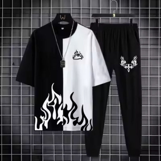 "Blaze in Style – Black & White Fire Print Tracksuit for Men & Boys"